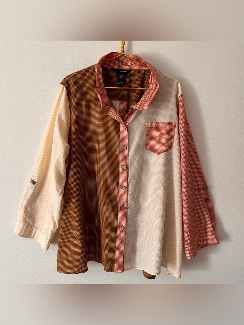 Ali Miles Brown, Orange, Cream Colorblock Checked Button Up Novelty Buttons 3X